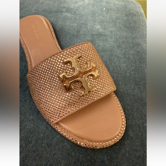 TORY BURCH EVERLY RHINESTONE SLIDES, MALVA / CRYSTAL / GOLD, SIZE 7, RETAIL $348 - Picture 4 of 5
